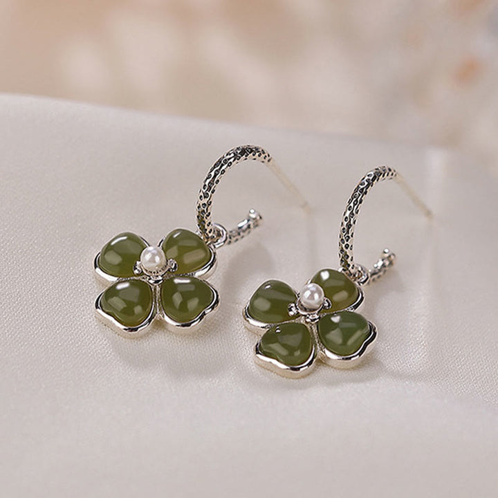 Orecchini Buddha Stones in argento sterling 925 con giada ciano naturale e quadrifoglio, fortuna e successo