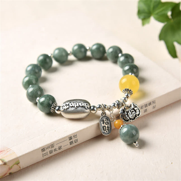 Bracciale Buddha Stones in argento sterling 925, giada ciano, ambra e successo