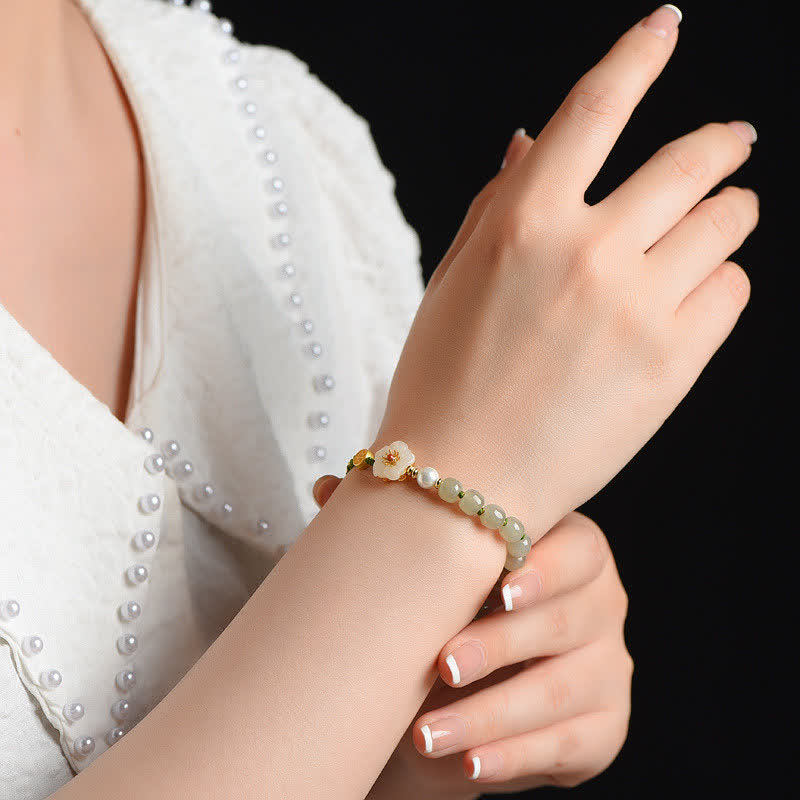 Braccialetto portafortuna in argento sterling 925 con giada naturale Hetian e fiori di pesco