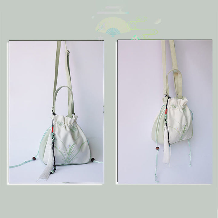 Borsa a tracolla in tela con fiori ricamati a mano con Buddha Stones