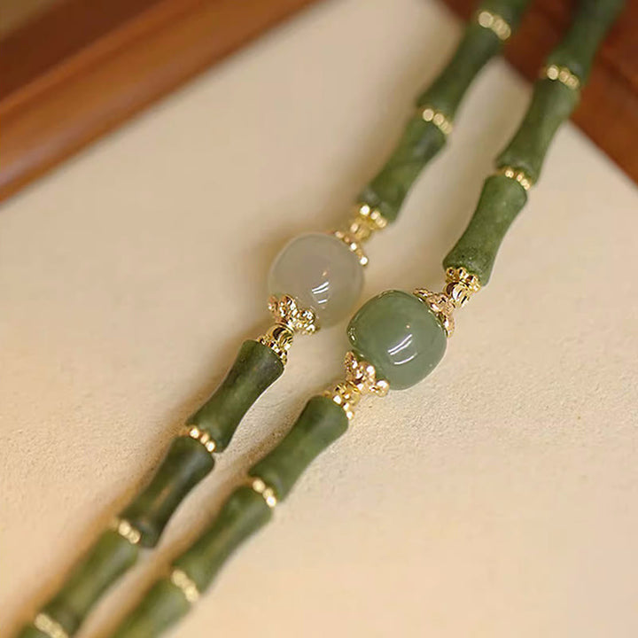 Braccialetto della fortuna con motivo di bambù in giada Hetian con peridoto placcato in rame 14K Buddha Stones
