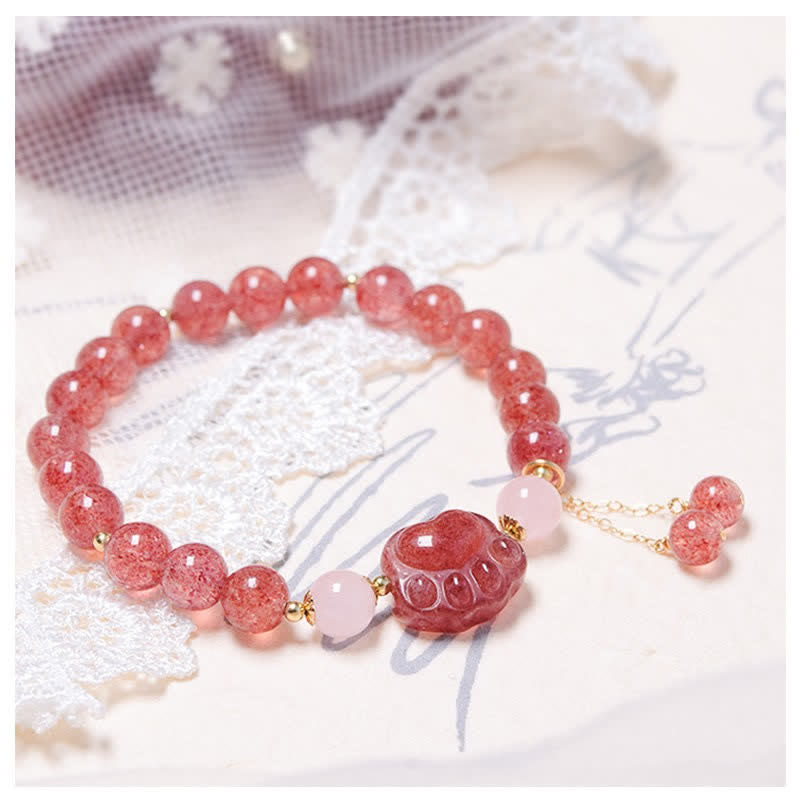 Braccialetto dell'amore con zampa di gatto portafortuna in cristallo rosa e quarzo fragola naturale Buddha Stones - image 2