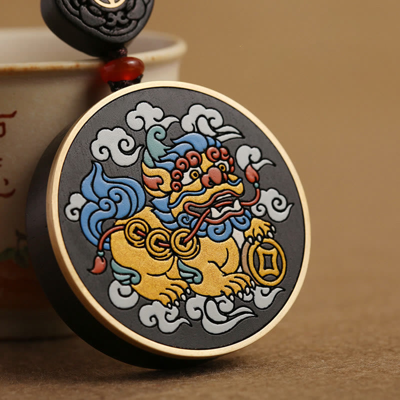 Buddha Stones PiXiu Moneta di rame Legno di ebano Fortuna Attrarre Ricchezza Portachiavi Decorazione
