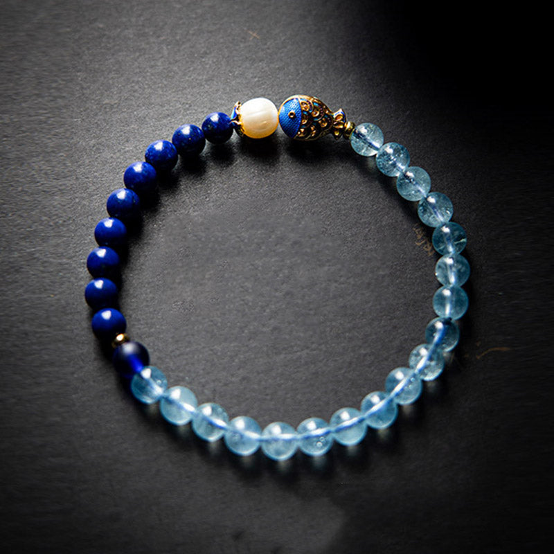 Braccialetto curativo con pesce in lazurite e acquamarina naturale Buddha Stones