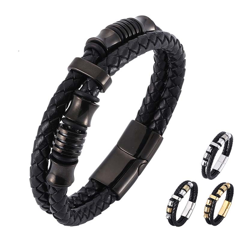 Braccialetto della fortuna in pelle intrecciata a strati Buddha Stones