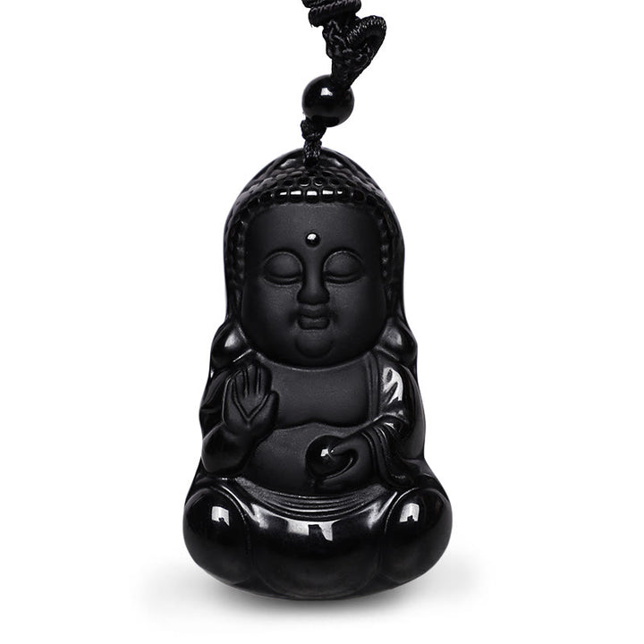 Buddha Stones Ossidiana nera naturale Cristallo Buddha Forza Protezione Amuleto Portafortuna Collana Pendente - image 2