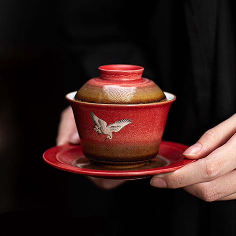 Buddha Stones Red Gru di buon auspicio Ceramica Gaiwan Sancai Tazza da tè Kung Fu Tazza da tè e piattino con coperchio
