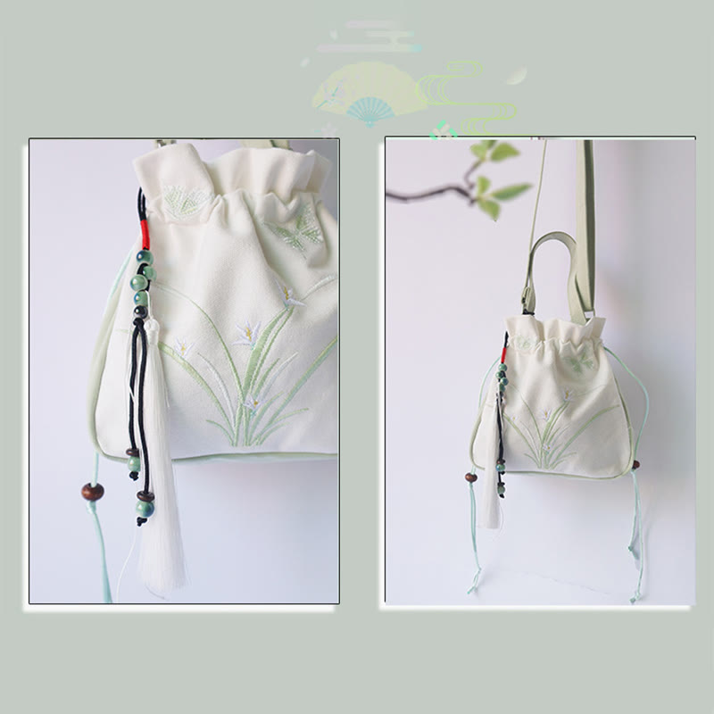 Borsa a tracolla in tela con fiori ricamati a mano con Buddha Stones