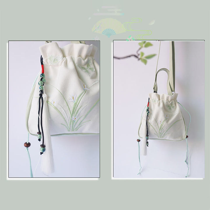 Borsa a tracolla in tela con fiori ricamati a mano con Buddha Stones