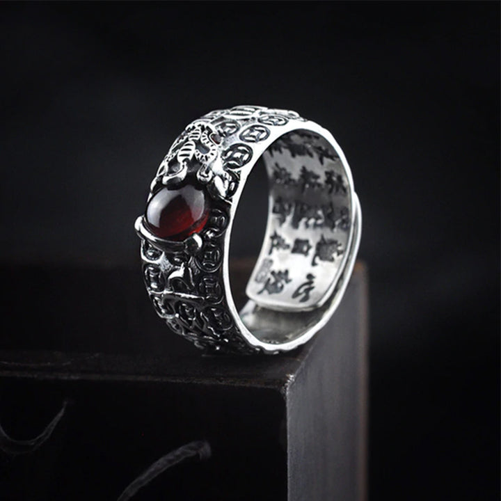 Anello di ricchezza in granato rosso PiXiu FengShui Buddha Stones