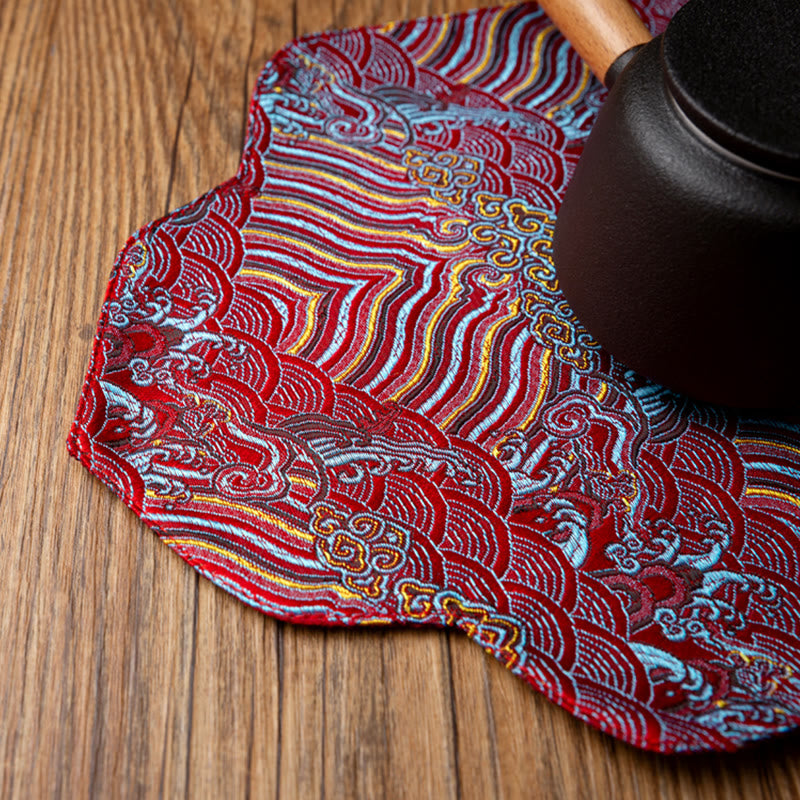 Buddha Stones Sea Wave Bamboo Plum Blossom Broccato Ricamo Sottobicchiere per tazza da tè Kung Fu Tappetino da tè