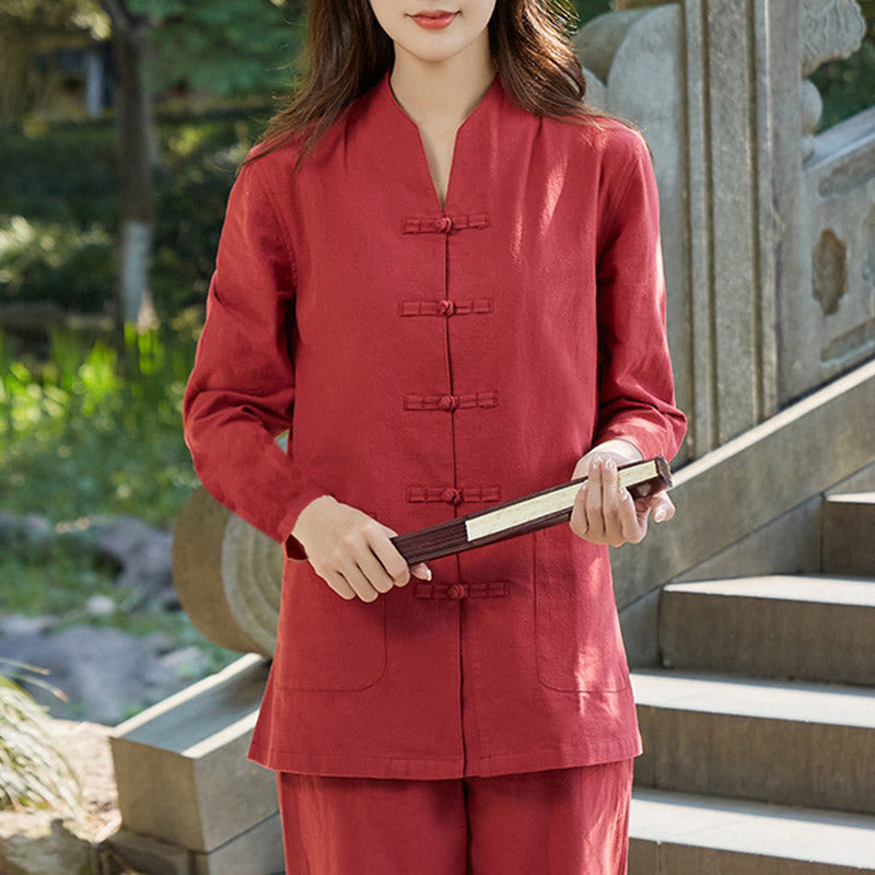 Buddha Stones Spirituale Zen Pratica Yoga Meditazione Preghiera Uniforme Cotone Lino Abbigliamento Donna Set - Rosso - US18, UK/AU22, EU50 (6XL) - image 11