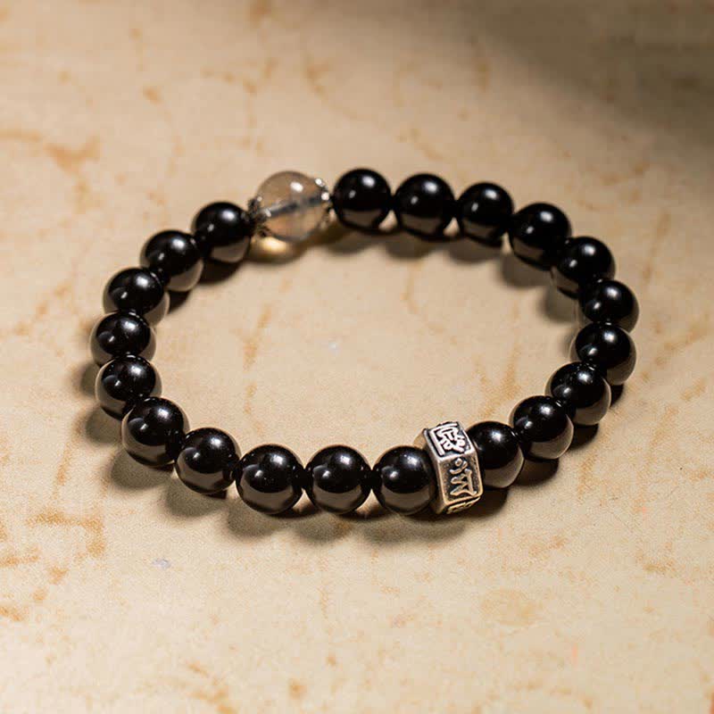 Braccialetto cinese zodiaco natale Buddha 925 argento sterling ossidiana nera pietra di luna forza