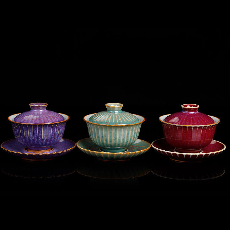 Buddha Stones Retro Glaze Kiln Change Ceramica Gaiwan Sancai Tazza da tè Kung Fu Tazza da tè e piattino con coperchio
