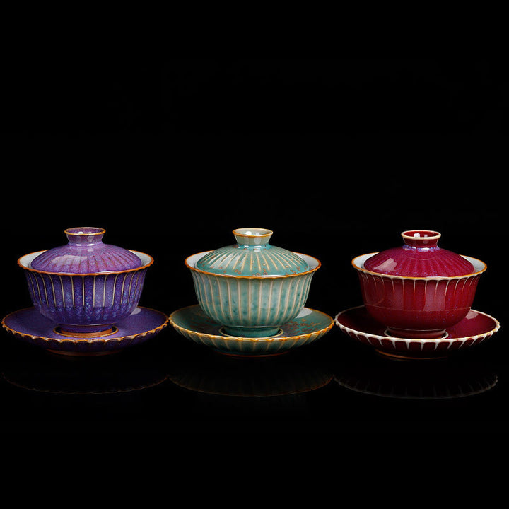 Buddha Stones Retro Glaze Kiln Change Ceramica Gaiwan Sancai Tazza da tè Kung Fu Tazza da tè e piattino con coperchio
