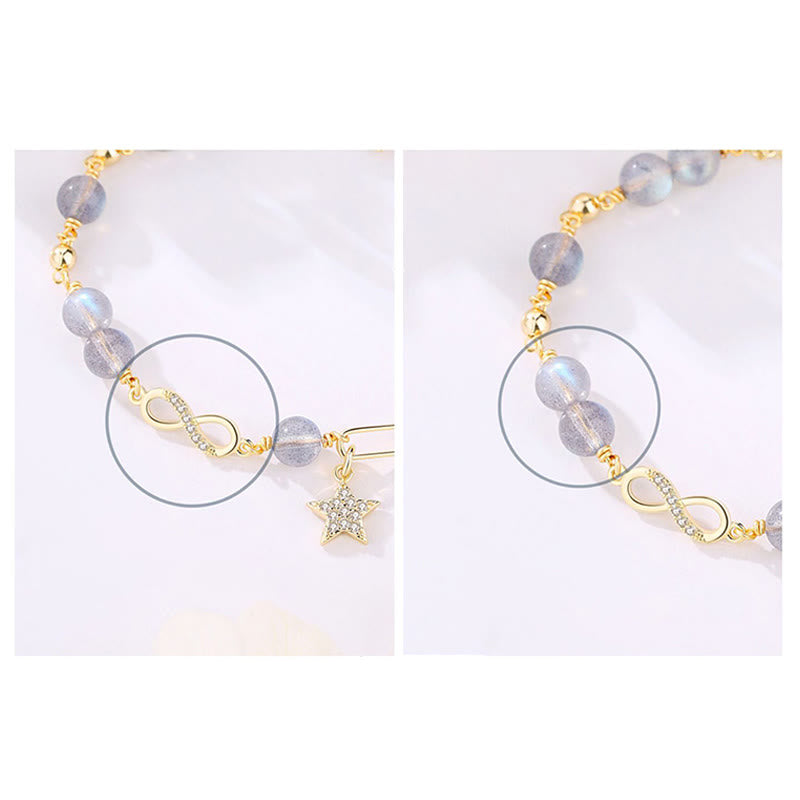 Buddha Stones 14K placcato oro naturale quarzo fragola pietra di luna Möbius Loop Eternal Love Star Bracciale positivo