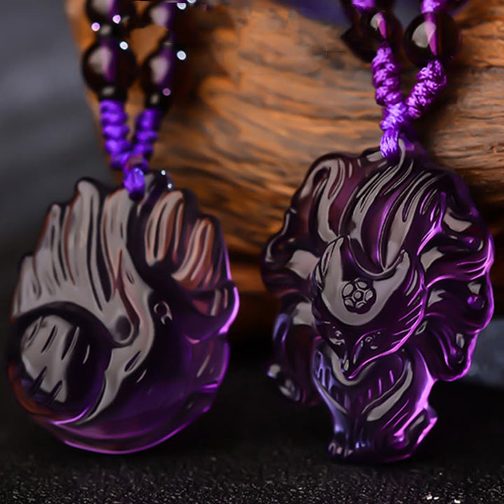 Collana con ciondolo portafortuna a forma di volpe a nove code, in cristallo bianco, ametista naturale, citrino e Buddha Stones