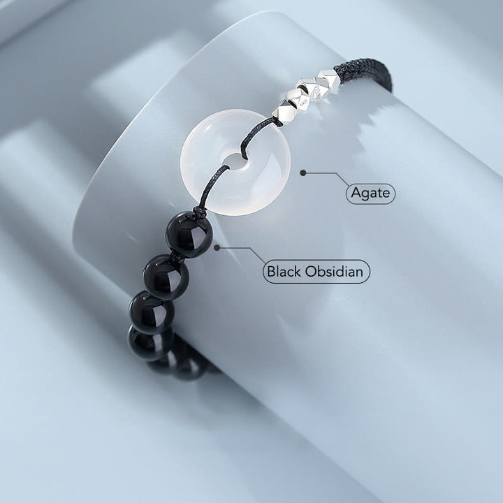 Bracciale Buddha Stones 925 Sterling Silver Ossidiana Nera Agata Fibbia della Pace Forza