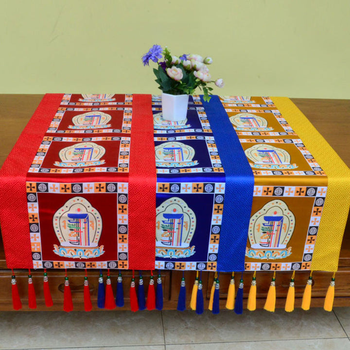 Buddha Stones Tappetino per l'altare della preghiera Man-Bcu Kalachakra Nodo infinito Vajra Simboli tibetani di buon auspicio Nappe Runner da tavolo