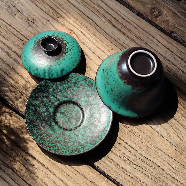 Buddha Stones Retro Green Glaze Ceramic Gaiwan Sancai Tazza da tè Kung Fu Tazza da tè e piattino con coperchio