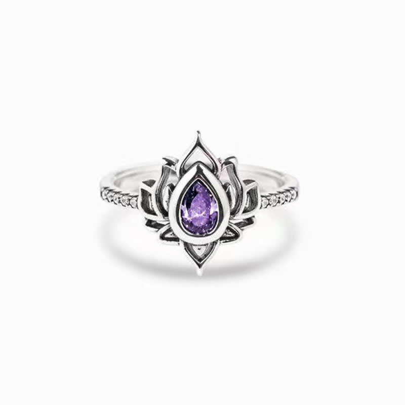 Anello di protezione con benedizione in zircone e loto in argento sterling Buddha Stones