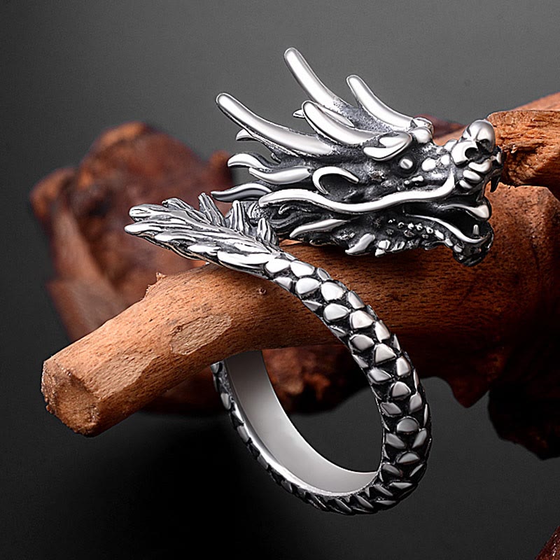 Anello regolabile Buddha Stones 990 Sterling Silver Vintage Dragon Design Luck Protection Strength