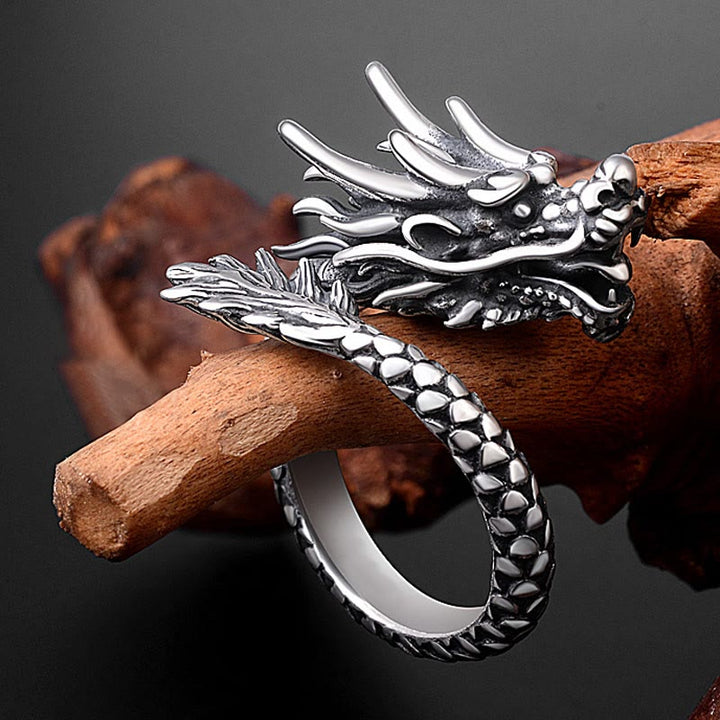 Anello regolabile Buddha Stones 990 Sterling Silver Vintage Dragon Design Luck Protection Strength