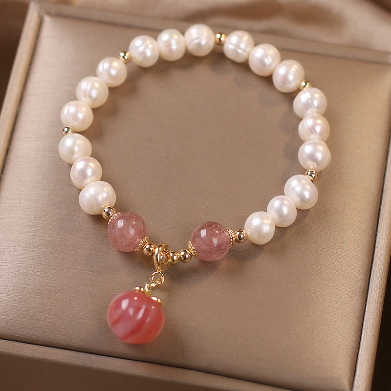 Bracciale con ciondolo a forma di cuore, amore, saggezza, perle naturali, quarzo fragola e pesca Buddha Stones