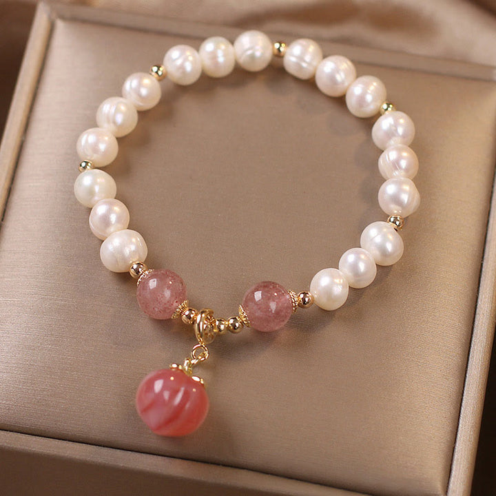 Bracciale con ciondolo a forma di cuore, amore, saggezza, perle naturali, quarzo fragola e pesca Buddha Stones