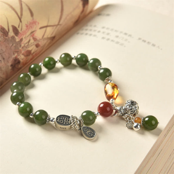 Bracciale Buddha Stones 925 Sterling Silver Hetian Cyan Jade Zucca Ambra Successo