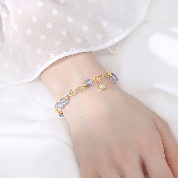 Buddha Stones 14K placcato oro naturale quarzo fragola pietra di luna Möbius Loop Eternal Love Star Bracciale positivo
