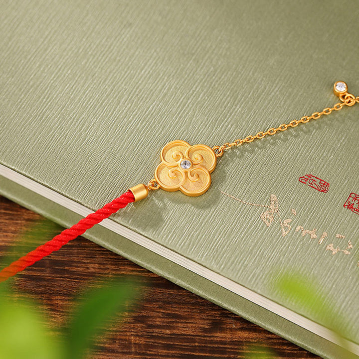 Braccialetto portafortuna in zircone con quadrifoglio e Buddha Stones in argento sterling 925 placcato oro