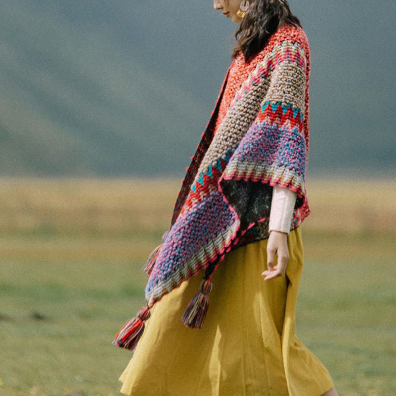 Scialle tibetano lavorato a maglia con Buddha Stones, mantello caldo, sciarpa tibetana con nappe