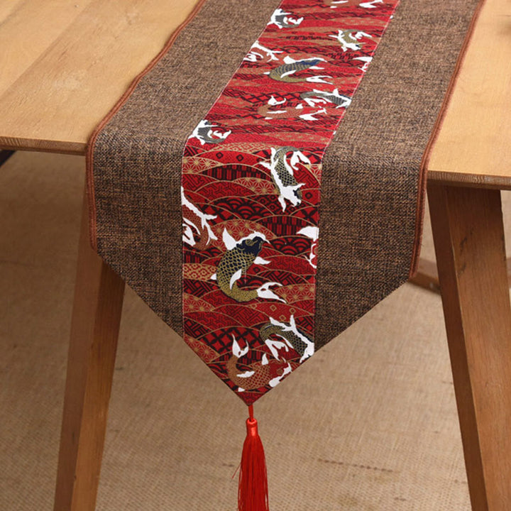 Buddha Stones Stile cinese classico Loto Koi Pesce Fiore Gru Calligrafia Illuminazione Cotone Lino Nappe Runner da tavolo