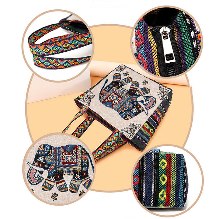 Borsa a tracolla in tela di grande capacità ricamata con elefante e farfalla , Buddha Stones