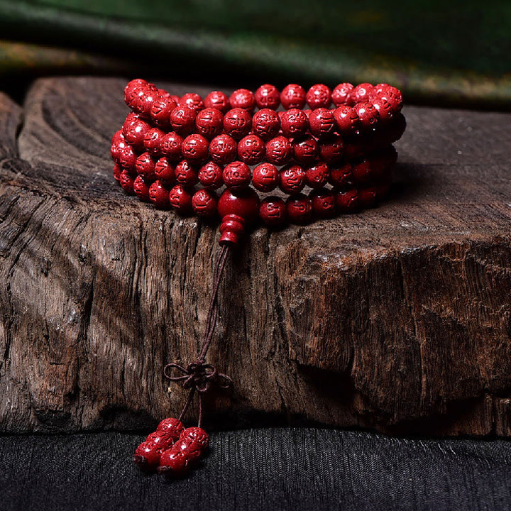Buddha Stones 108 Mala Beads Cinnabar Om Mani Padme Hum Pattern Braccialetto di benedizione inciso