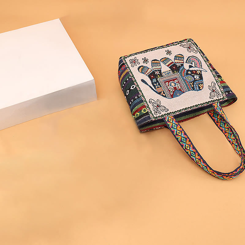 Borsa a tracolla in tela di grande capacità ricamata con elefante e farfalla , Buddha Stones