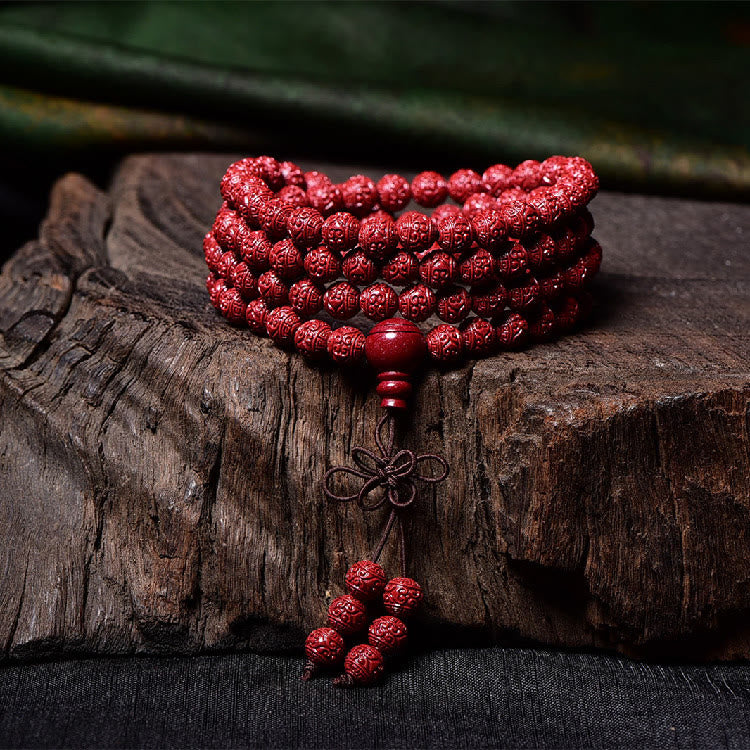 Buddha Stones 108 Mala Beads Cinnabar Om Mani Padme Hum Pattern Braccialetto di benedizione inciso