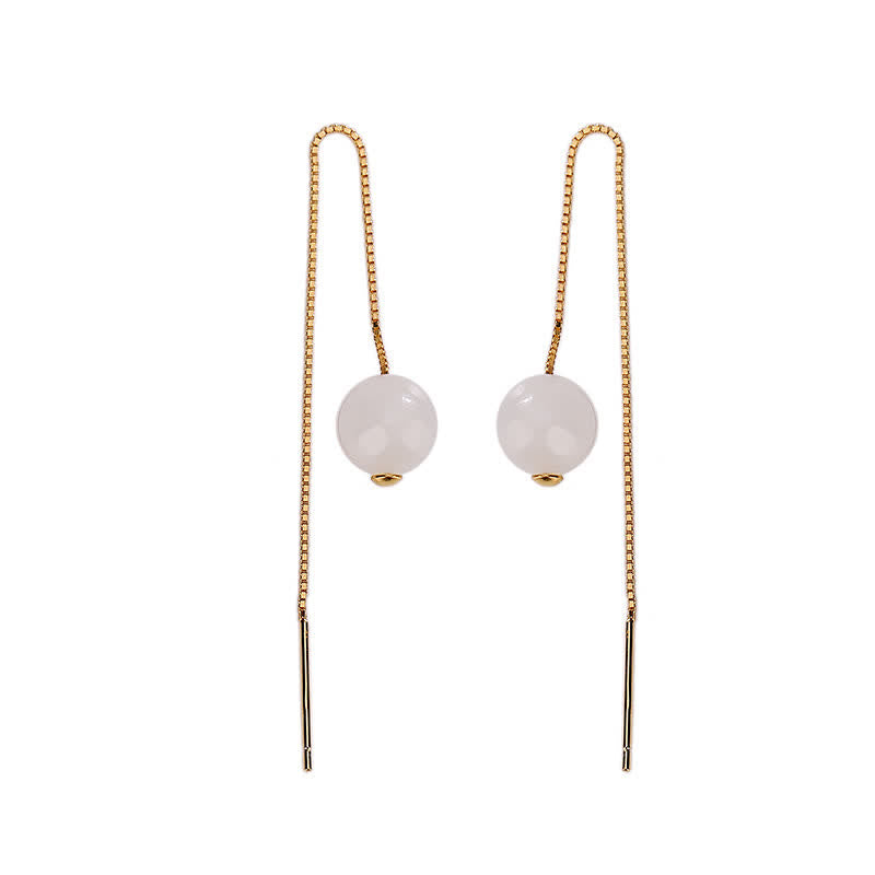 Orecchini pendenti in argento sterling 925 con perline di giada bianca e simbolo della felicità