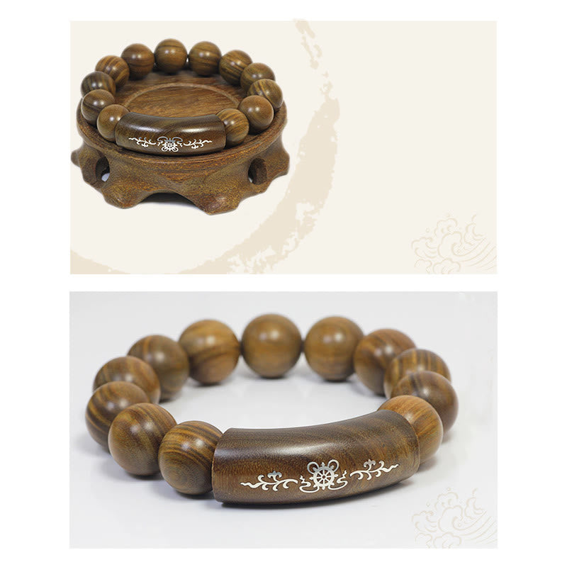 Bracciale Buddha Stones 999 Sterling Silver Sandalo Verde Om Mani Padme Hum Drago Fenice Dharmachakra Intarsiato Pace