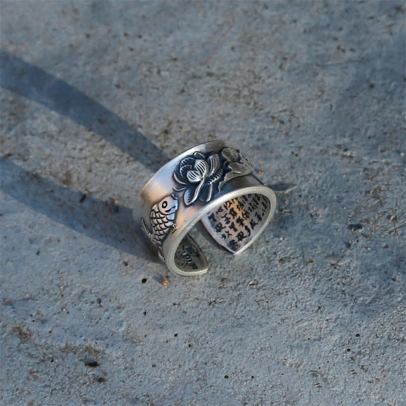 Anello Buddha Stones 999 Sterling Silver Luck Koi Fish Lotus Heart Sutra Wealth