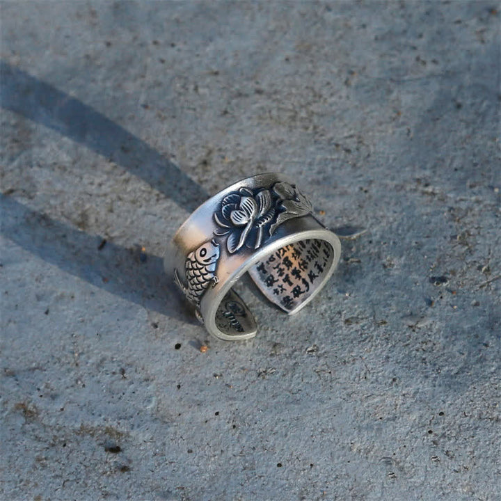 Anello Buddha Stones 999 Sterling Silver Luck Koi Fish Lotus Heart Sutra Wealth