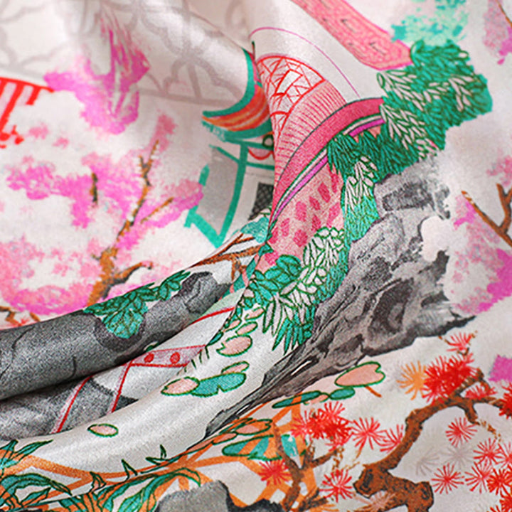 Sciarpa per capelli al collo in seta di gelso al 100%, motivo: Buddha Stones , scena pastorale, mongolfiera, fiori primaverili