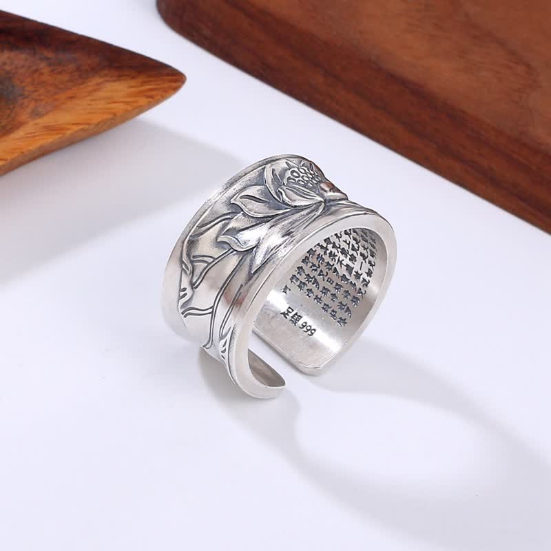 Anello di protezione del sutra del cuore del fiore di loto in argento sterling 999 Buddha Stones