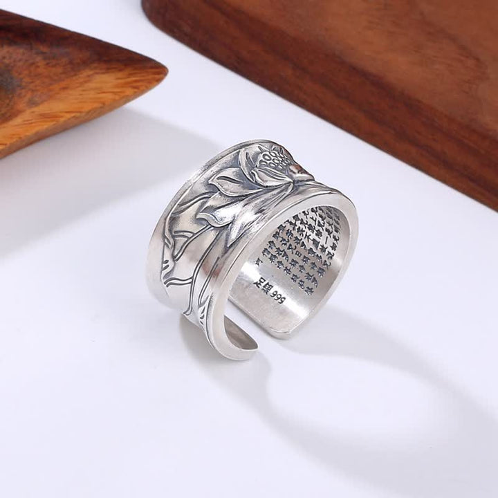 Anello di protezione del sutra del cuore del fiore di loto in argento sterling 999 Buddha Stones
