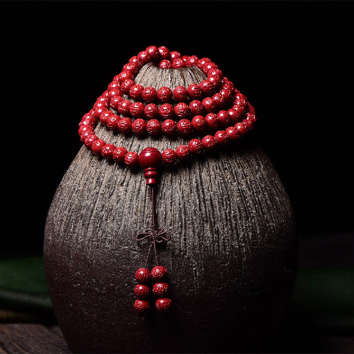 Buddha Stones 108 Mala Beads Cinnabar Om Mani Padme Hum Pattern Braccialetto di benedizione inciso