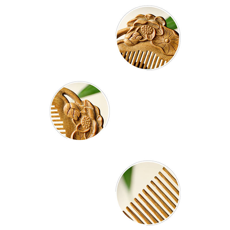 Pettine lenitivo inciso con foglia di fiore di loto in legno di sandalo verde naturale