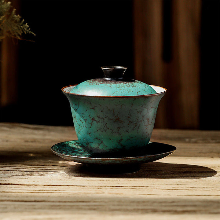 Buddha Stones Retro Green Glaze Ceramic Gaiwan Sancai Tazza da tè Kung Fu Tazza da tè e piattino con coperchio