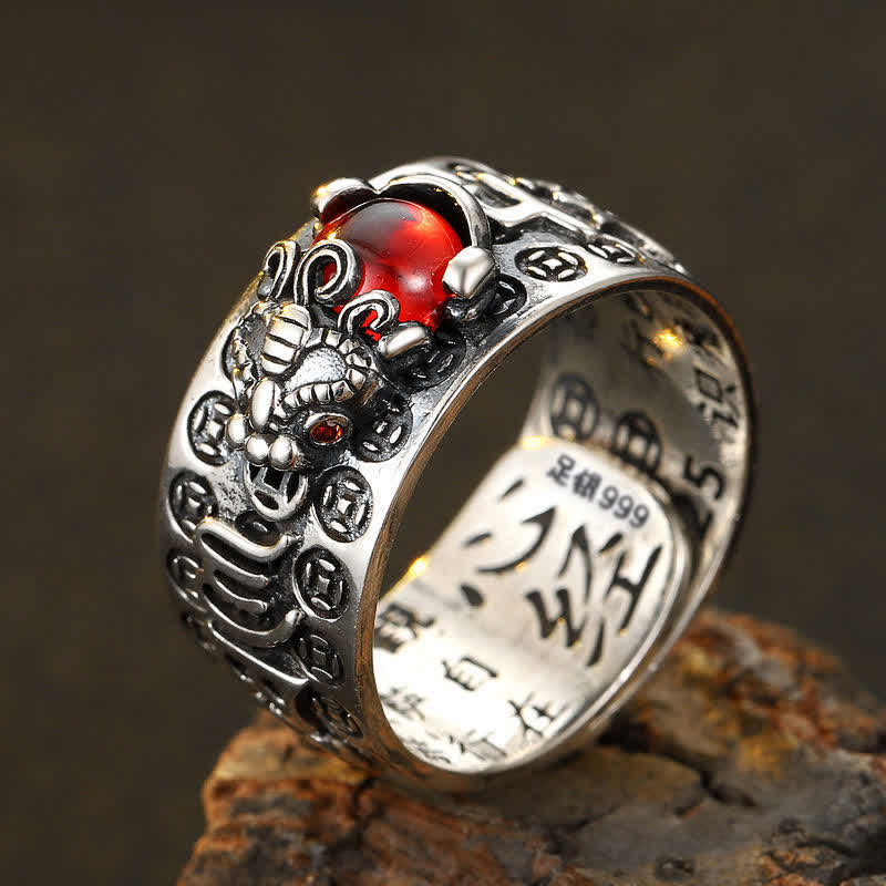 Anello di ricchezza del Sutra del cuore di granato rosso PiXiu FengShui Buddha Stones