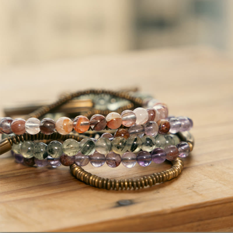 Bracciale Buddha Stones Viola Phantom Rosso Quarzo Ematoide Quarzo Rutilato Verde Rame Amore Perdona